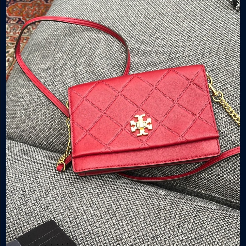 Tory Burch Red Quilted Crossbody Bag with Gold Logo